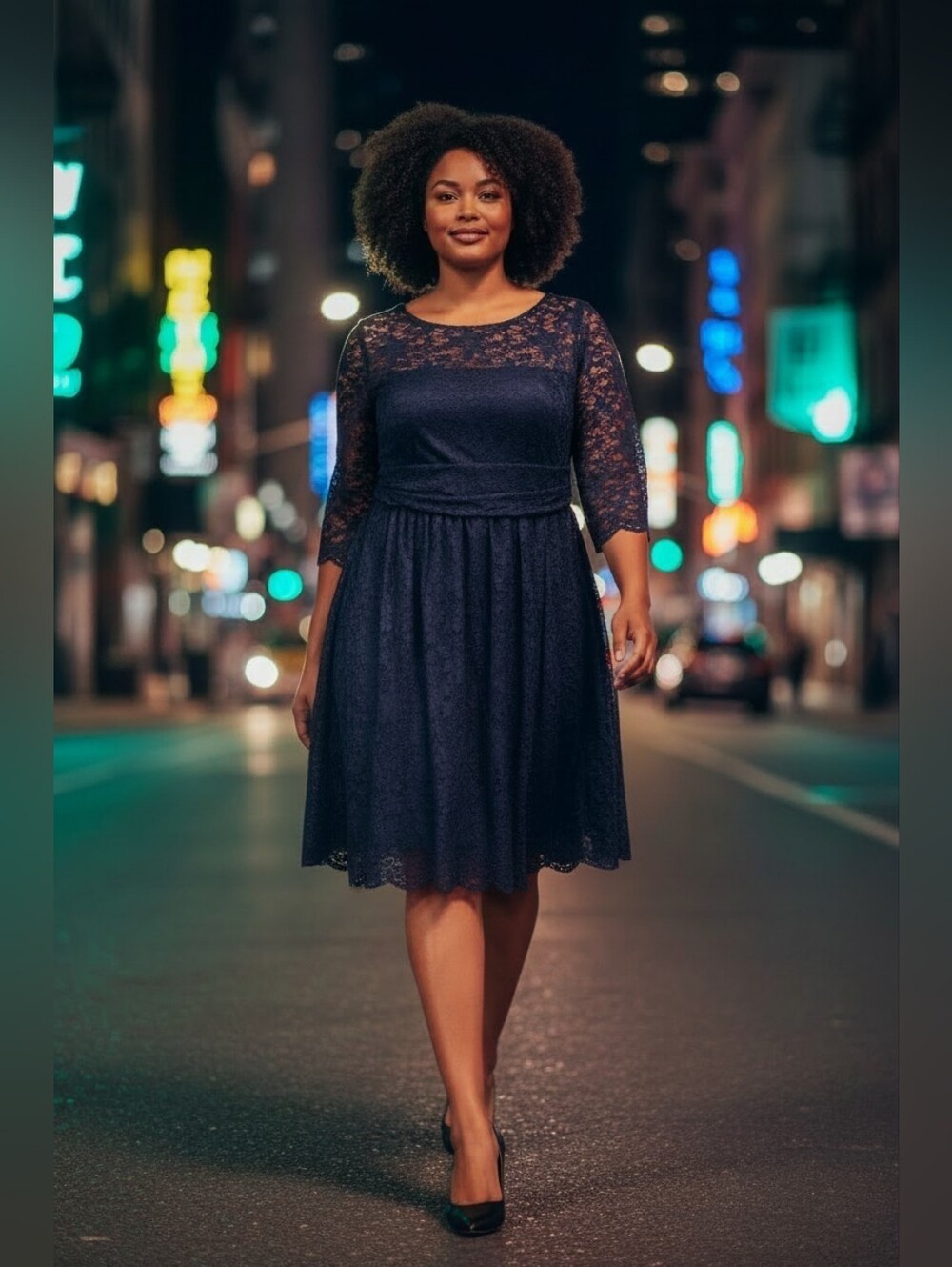 Kiyonna Navy Blue Lace 3/4 Sleeve Fit & Flare Dress Size 2X
